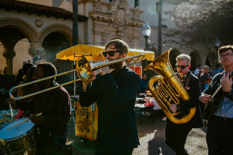 A brass band playing on a street